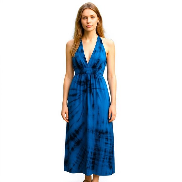 Young Fabulous Broke Brooks Blue Dream Wash Halter Maxi Dress - Picture 1 of 8